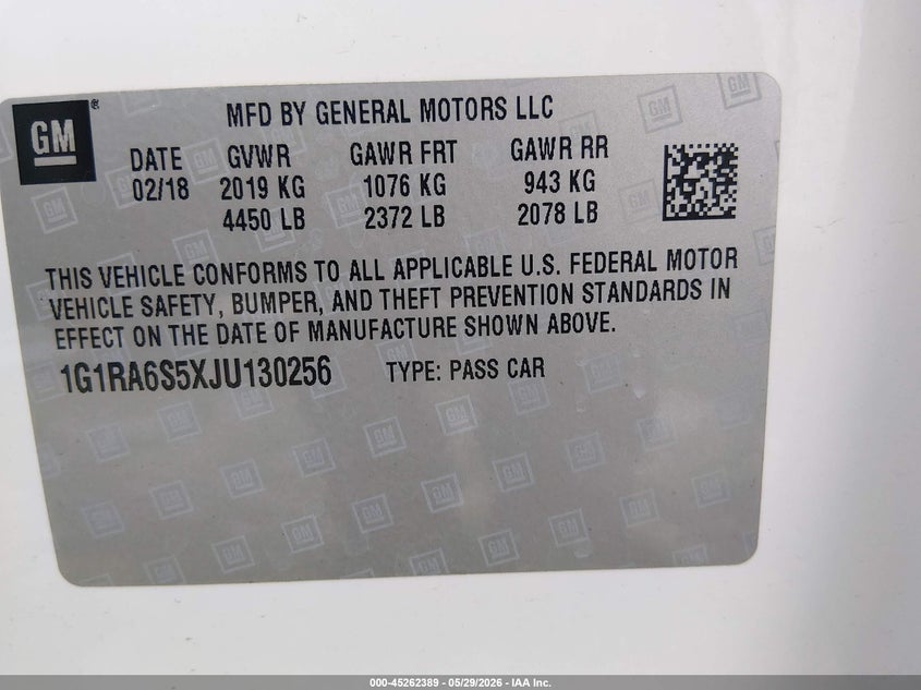 2018 Chevrolet Volt VIN 1G1RA6S5XJU130256 IAAI salvage auction — SIDE, Sf97 (Georgia), sold $8,250 on 2026-08-10 (photo 9)