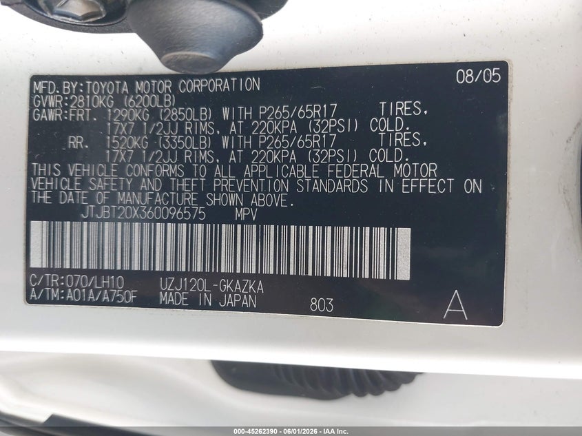 2006 Lexus Gx 470 VIN JTJBT20X360096575 IAAI salvage auction — REAR END, Salvage (California), sold $2,250 on 2026-07-16 (photo 9)