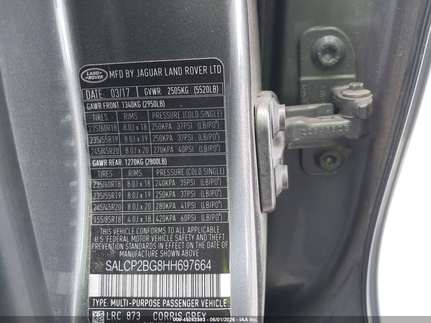 2017 Land rover Discovery sport VIN SALCP2BG8HH697664 IAAI salvage auction — LEFT SIDE, Salvage Title, sold $1,425 on 2026-07-15 (photo 9)