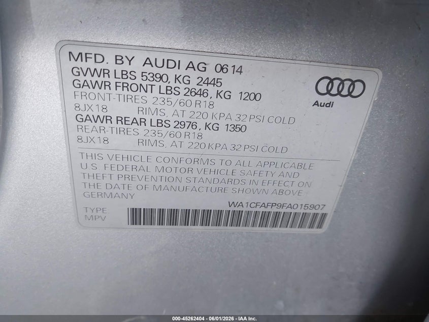2015 Audi Q5 VIN WA1CFAFP9FA015907 IAAI salvage auction — FRONT END, Salvage Title, sold $1,800 on 2026-07-09 (photo 9)