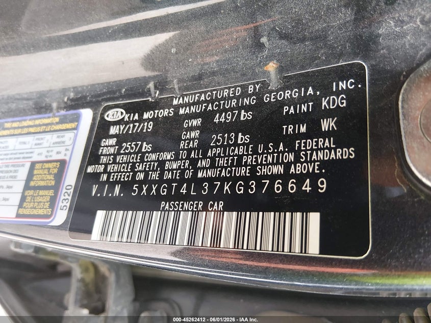 2019 Kia Optima VIN 5XXGT4L37KG376649 IAAI salvage auction — FRONT END, Salvage Title, sold $1,650 on 2026-07-22 (photo 9)