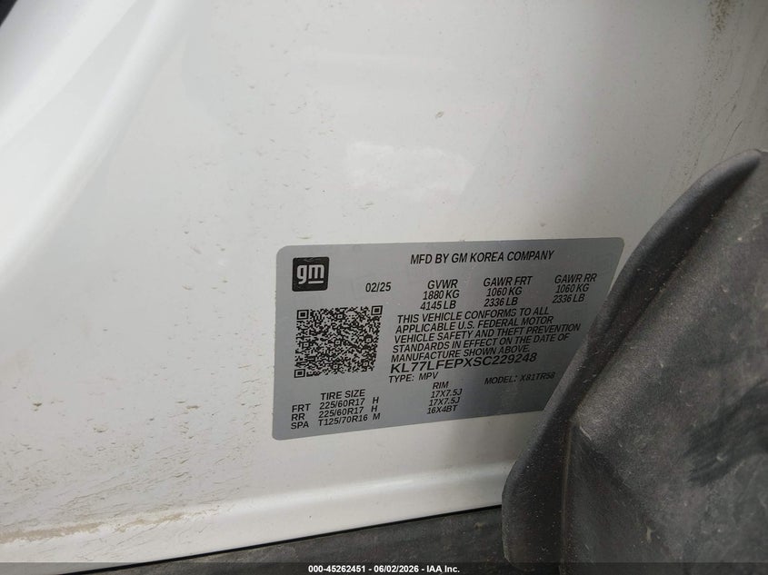 2025 Chevrolet Trax VIN KL77LFEPXSC229248 IAAI salvage auction — HAIL, Salvage Title, sold $75 on 2026-07-28 (photo 9)