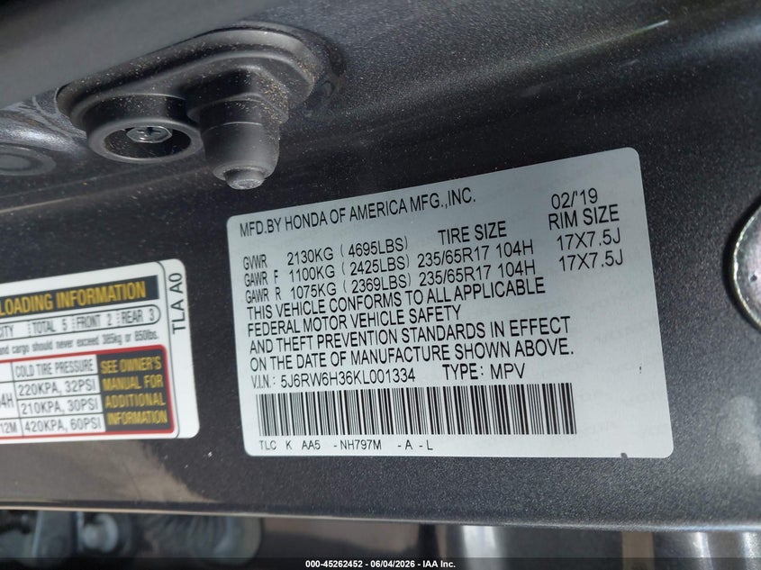 2019 Honda Cr-v VIN 5J6RW6H36KL001334 IAAI salvage auction — FRONT END, Salvage (Oregon), sold $5,400 on 2026-07-31 (photo 9)