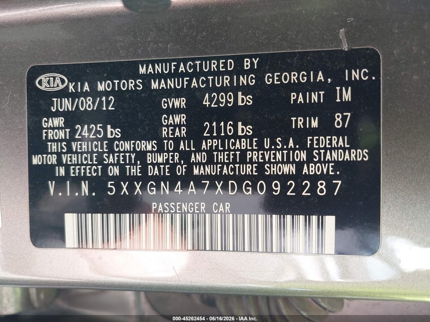 2013 Kia Optima VIN 5XXGN4A7XDG092287 IAAI salvage auction — NORMAL WEAR, Clear (Michigan), sold $550 on 2026-07-16 (photo 9)
