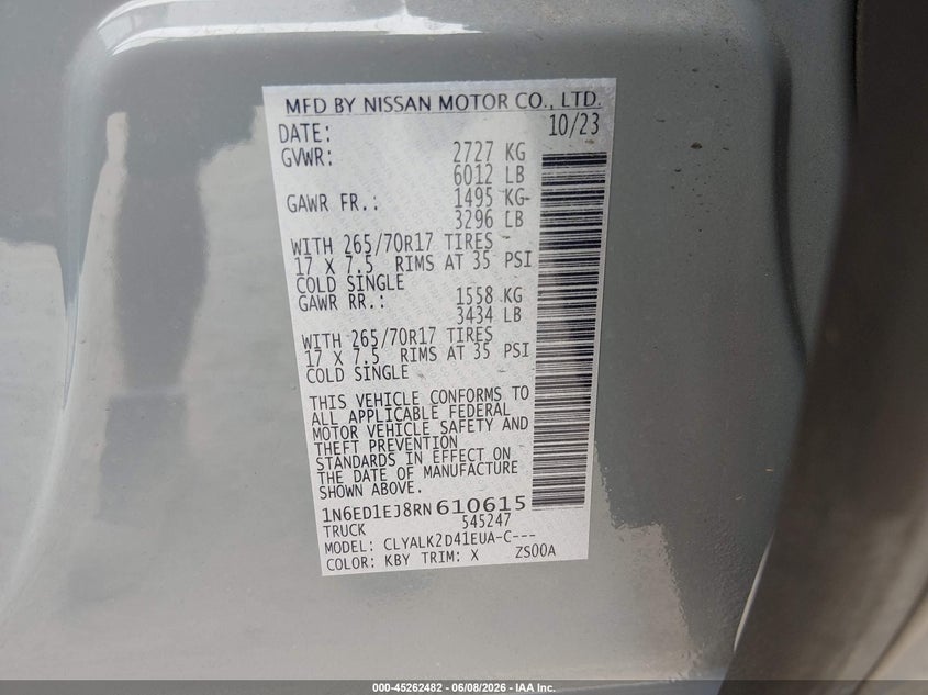 2024 Nissan Navara (frontier) VIN 1N6ED1EJ8RN610615 IAAI salvage auction — LEFT FRONT, Salvage Title, sold $8,875 on 2026-07-22 (photo 9)