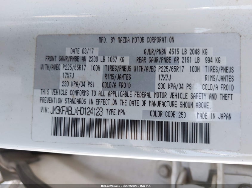 2017 Mazda Cx-5 VIN JM3KFABLXH0124123 IAAI salvage auction — REAR END, Salvage Title, sold $4,250 on 2026-07-14 (photo 9)