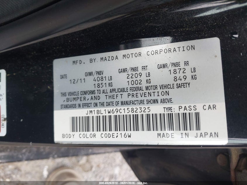 2012 Mazda 3 VIN JM1BL1W69C1582325 IAAI salvage auction — NORMAL WEAR, Clear (Georgia), sold $425 on 2026-07-14 (photo 9)