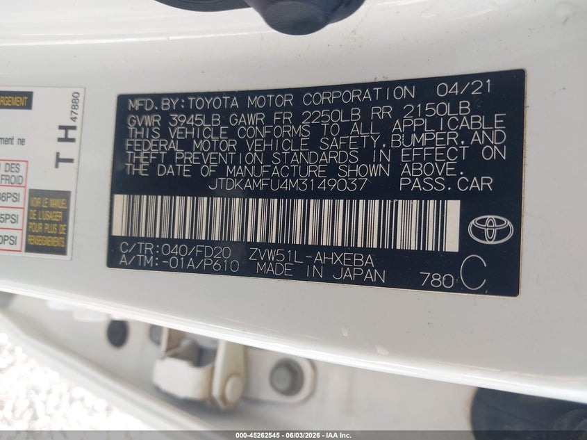 2021 Toyota Prius VIN JTDKAMFU4M3149037 IAAI salvage auction — FRONT END, Salvage Title, sold $6,100 on 2026-07-14 (photo 9)