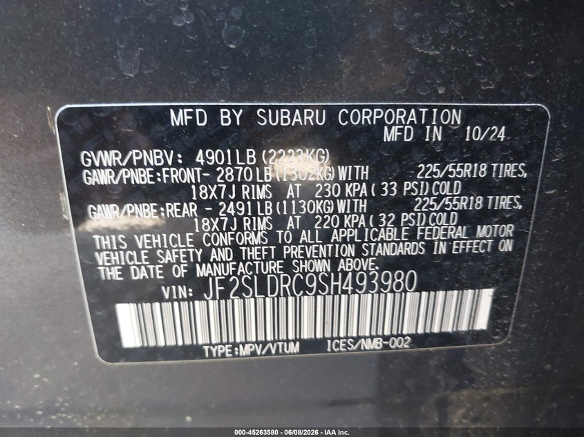 2025 Subaru Forester VIN JF2SLDRC9SH493980 IAAI salvage auction — RIGHT SIDE, Salvage Title, sold $8,600 on 2026-07-10 (photo 9)