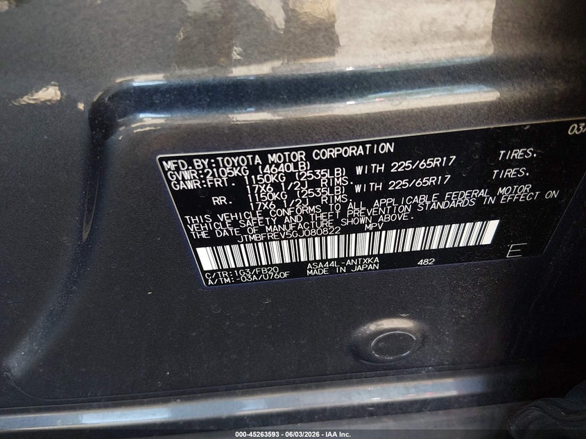2016 Toyota Rav 4 VIN JTMBFREV5GJ080822 IAAI salvage auction — REAR END, Salvage Title, sold $5,150 on 2026-07-20 (photo 9)