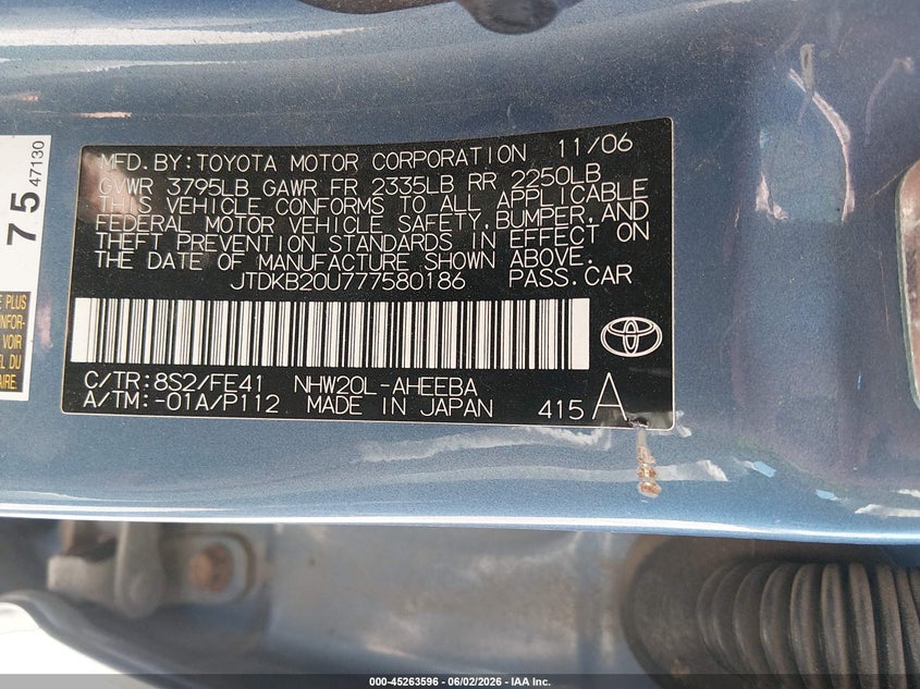 2007 Toyota Prius VIN JTDKB20U777580186 IAAI salvage auction — NORMAL WEAR, Clear (Illinois), sold $350 on 2026-07-08 (photo 9)