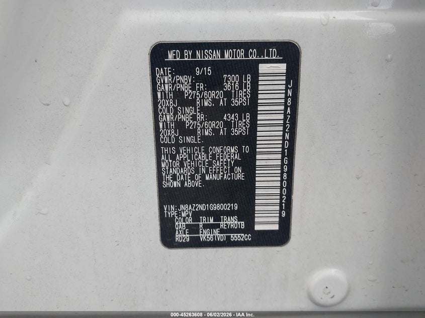 2016 Infiniti Qx80 VIN JN8AZ2ND1G9800219 IAAI salvage auction — FRONT END, Salvage (Texas), sold $6,500 on 2026-07-23 (photo 9)