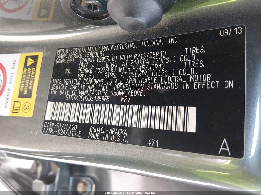 2013 Toyota Highlander VIN 5TDYK3EH3DS136865 IAAI salvage auction — REAR END, Salvage Title, sold $4,950 on 2026-07-24 (photo 9)