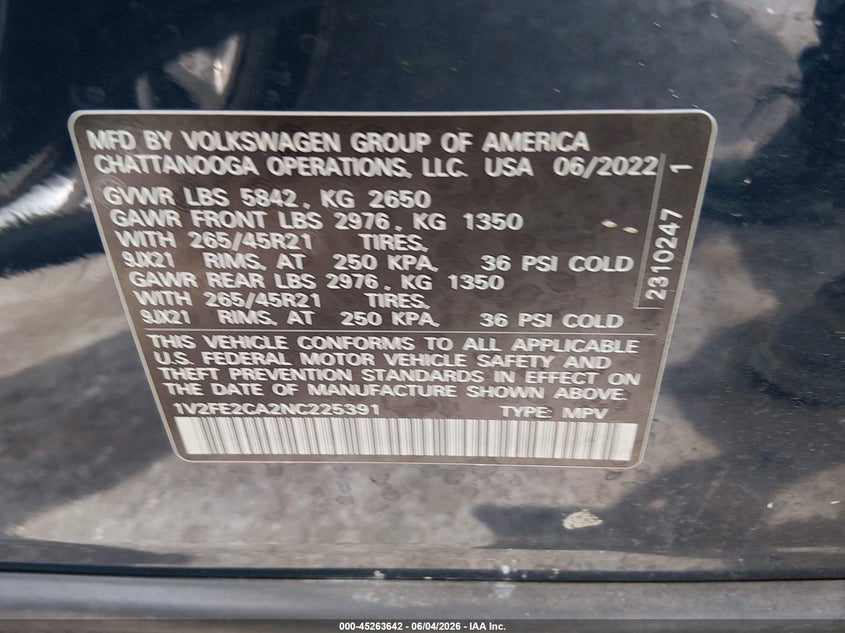 2022 Volkswagen Atlas cross sport VIN 1V2FE2CA2NC225391 IAAI salvage auction — FRONT END, Salvage Title, sold $8,100 on 2026-08-09 (photo 9)