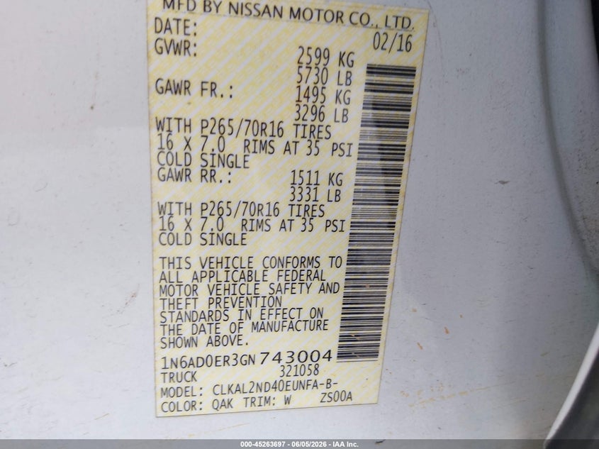 2016 Nissan Navara (frontier) VIN 1N6AD0ER3GN743004 IAAI salvage auction — FRONT END, Salvage Title, sold $925 on 2026-07-09 (photo 9)