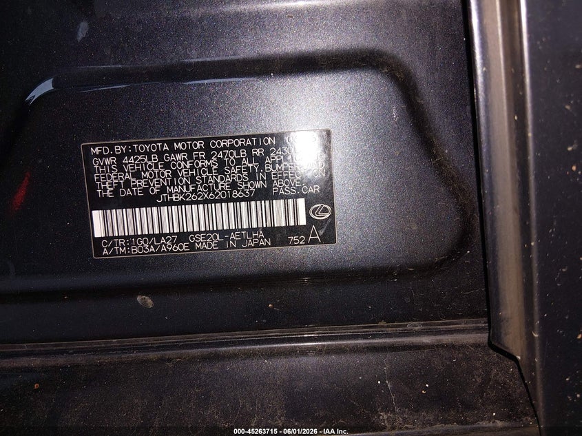 2006 Lexus Is VIN JTHBK262X62018637 IAAI salvage auction — NORMAL WEAR, Clear (Florida), sold $225 on 2026-07-15 (photo 9)