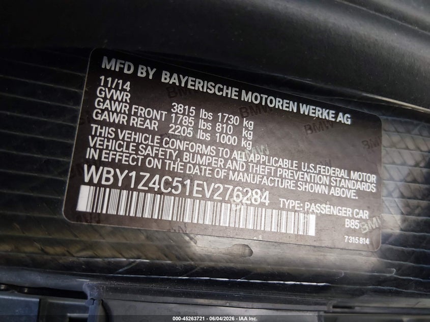 2014 BMW I3 VIN WBY1Z4C51EV276284 IAAI salvage auction — LEFT SIDE, Salvage Title, sold $2,050 on 2026-07-24 (photo 8)