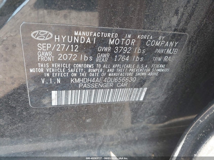 2013 Hyundai Elantra VIN KMHDH4AE4DU656630 IAAI salvage auction — NORMAL WEAR, Clear (New York), sold $425 on 2026-07-14 (photo 9)