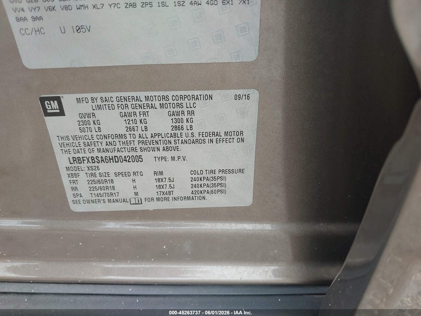 2017 Buick Envision VIN LRBFXBSA6HD042005 IAAI salvage auction — RIGHT SIDE, Salvage Title, sold $1,175 on 2026-07-07 (photo 9)