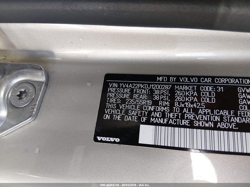2018 Volvo Xc90 VIN YV4A22PK0J1200287 IAAI salvage auction — SIDE, Salvage (Louisiana), sold $2,250 on 2026-07-22 (photo 9)
