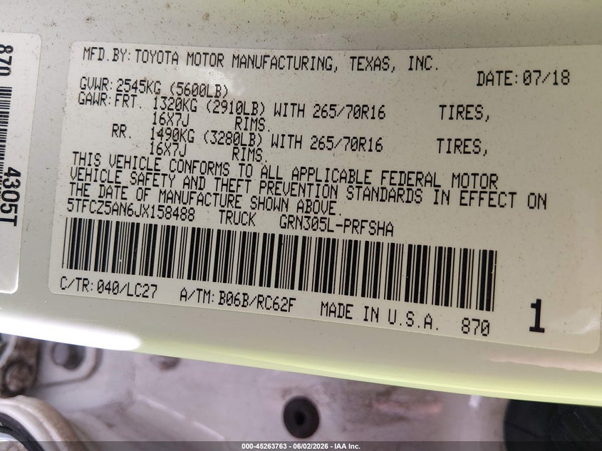 2018 Toyota Tacoma VIN 5TFCZ5AN6JX158488 IAAI salvage auction — FRONT END, Salvage Title, sold $11,075 on 2026-07-15 (photo 9)