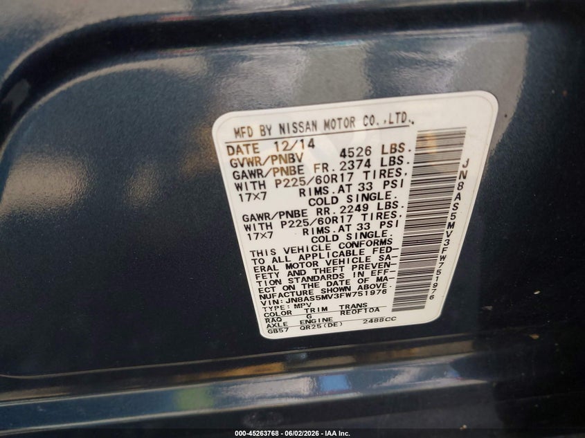 2015 Nissan Rogue VIN JN8AS5MV3FW751976 IAAI salvage auction — ROLLOVER, Salvage Title, sold $600 on 2026-07-20 (photo 9)