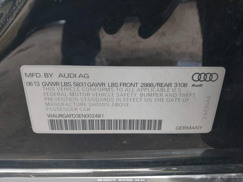 2014 Audi A8 VIN WAURGAFD3EN002481 IAAI salvage auction — FRONT END, Salvage Title, sold $1,100 on 2026-07-29 (photo 9)