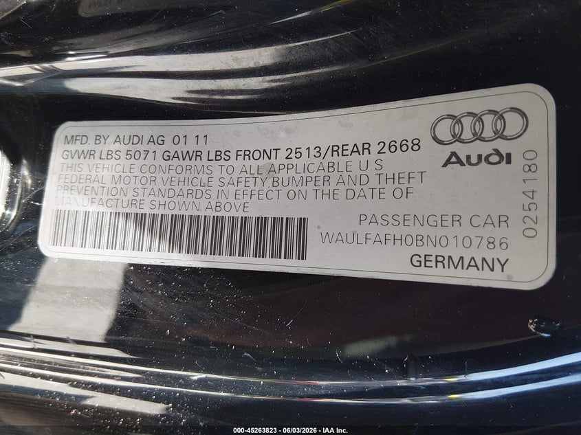 2011 Audi A5 VIN WAULFAFH0BN010786 IAAI salvage auction — FRONT END, Salvage (North Carolina), sold $2,375 on 2026-09-13 (photo 9)