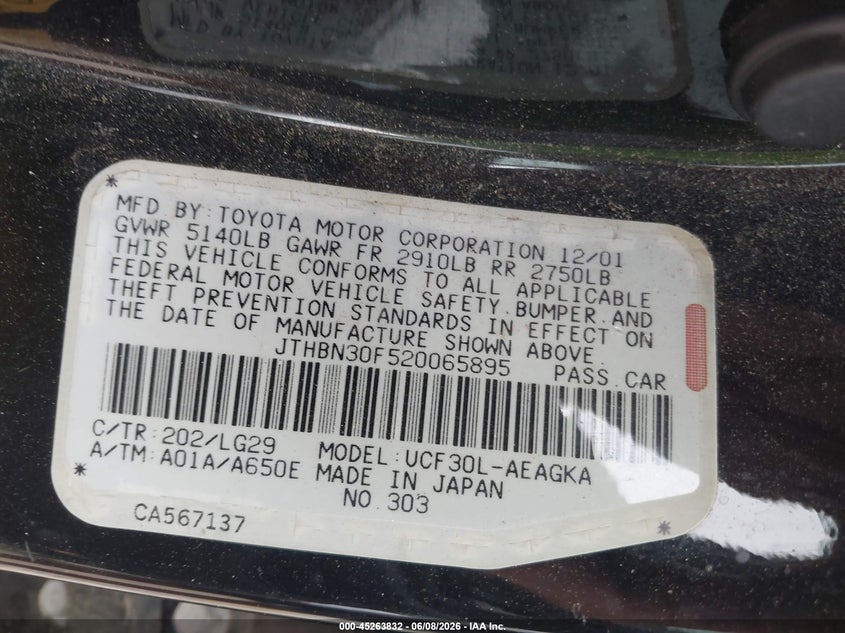 2002 Lexus Ls 430 VIN JTHBN30F520065895 IAAI salvage auction — RIGHT FRONT, Salvage (North Carolina), sold $675 on 2026-07-10 (photo 9)