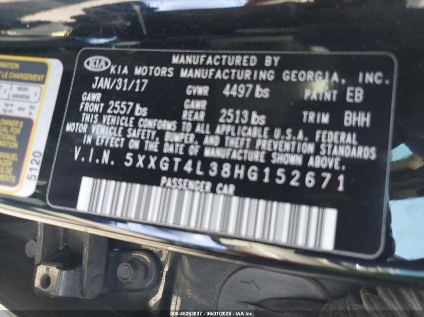 2017 Kia Optima VIN 5XXGT4L38HG152671 IAAI salvage auction — LEFT & RIGHT, Salvage Title, sold $1,700 on 2026-07-17 (photo 9)