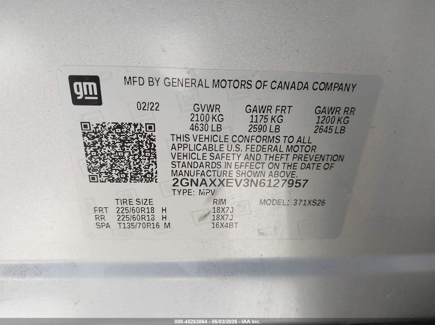 2022 Chevrolet Equinox VIN 2GNAXXEV3N6127957 IAAI salvage auction — FRONT END, Salvage (Idaho), sold $7,200 on 2026-07-29 (photo 9)