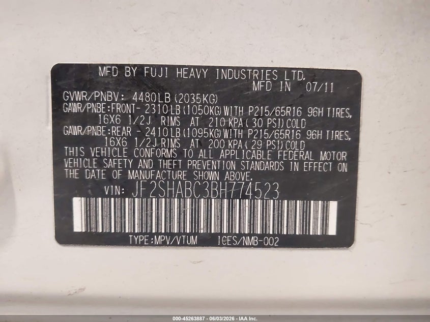 2011 Subaru Forester VIN JF2SHABC3BH774523 IAAI salvage auction — NORMAL WEAR, Clear (Utah), sold $150 on 2026-07-13 (photo 9)