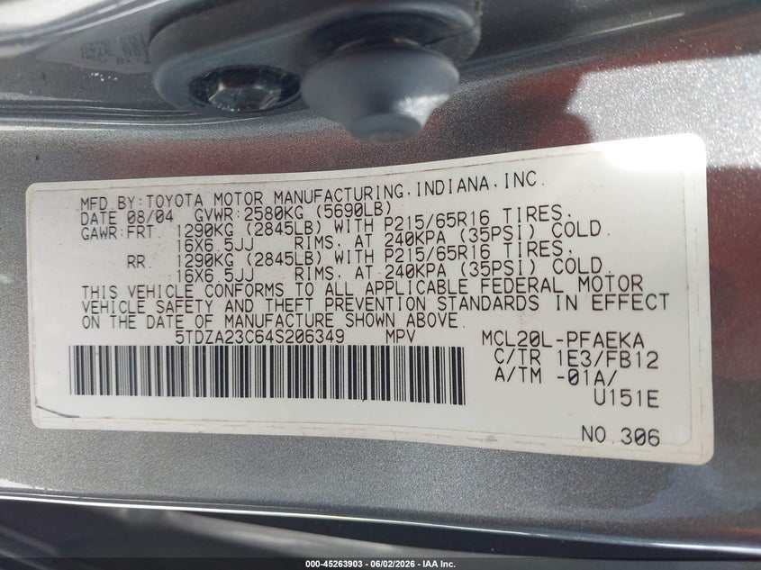2004 Toyota Sienna VIN 5TDZA23C64S206349 IAAI salvage auction — NORMAL WEAR, Clear (Florida), sold $650 on 2026-07-09 (photo 9)