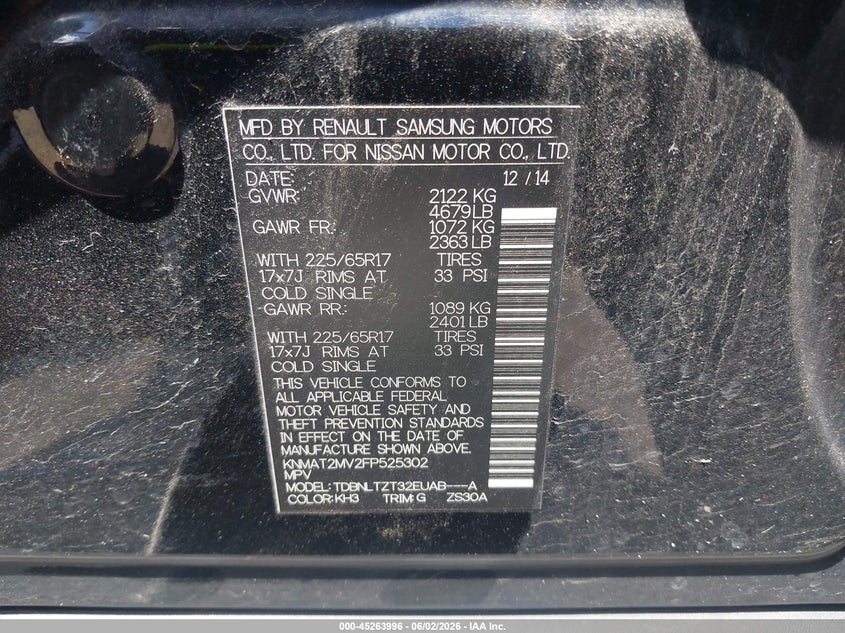 2015 Nissan Rogue VIN KNMAT2MV2FP525302 IAAI salvage auction — FRONT END, Salvage Title, sold $775 on 2026-07-24 (photo 9)