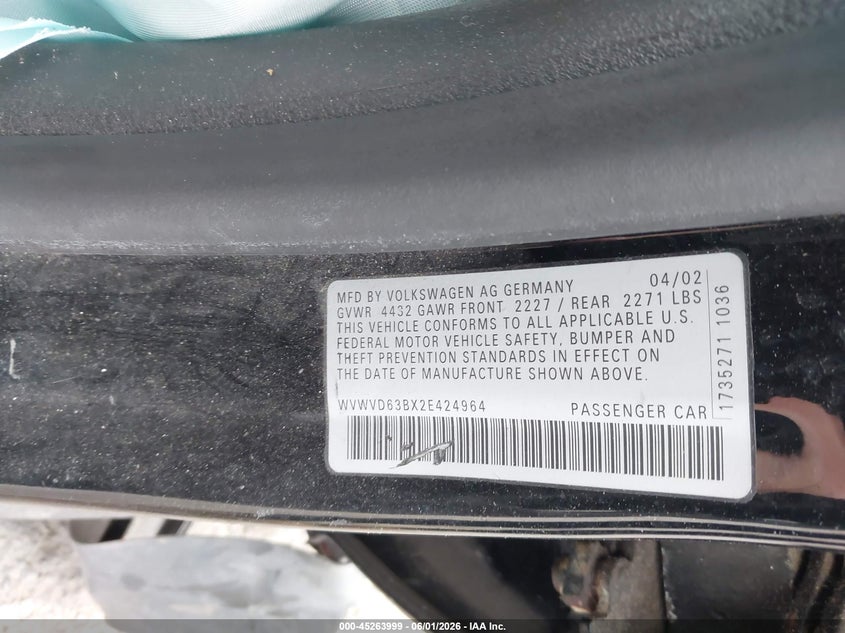 2002 Volkswagen Passat VIN WVWVD63BX2E424964 IAAI salvage auction — LEFT REAR, Clear (Michigan), sold $25 on 2026-07-06 (photo 9)