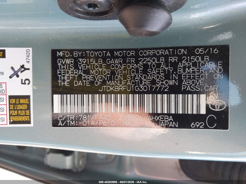 2016 Toyota Prius VIN JTDKBRFU1G3017772 IAAI salvage auction — RIGHT FRONT, Clear (Massachusetts), sold $1,350 on 2026-07-28 (photo 9)