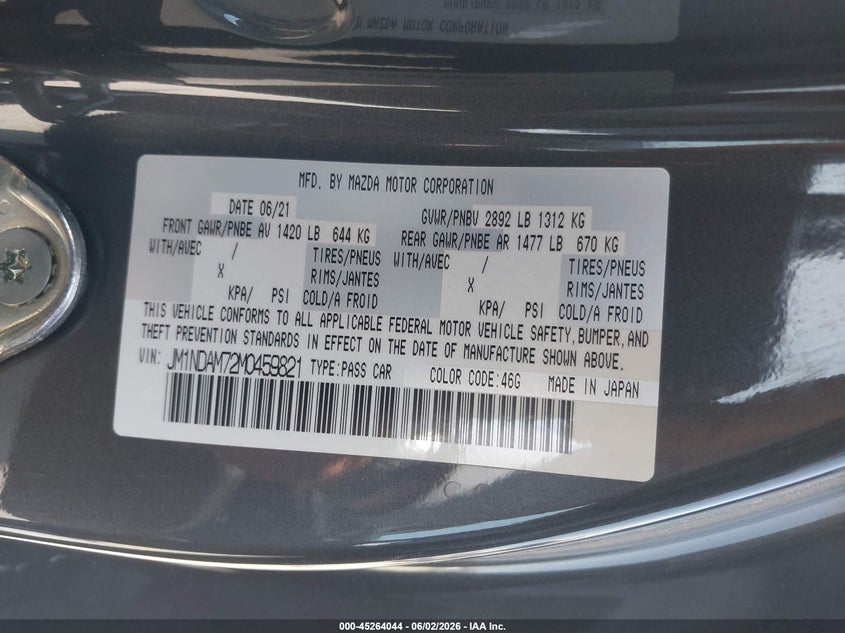 2021 Mazda Mx-5 VIN JM1NDAM72M0459821 IAAI salvage auction — REAR END, Salvage Title, sold $6,600 on 2026-07-08 (photo 9)