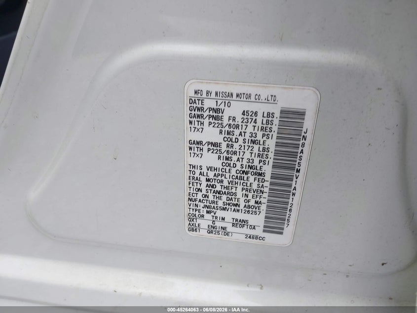 2010 Nissan Rogue VIN JN8AS5MV1AW126257 IAAI salvage auction — NORMAL WEAR, Clear (Georgia), sold $400 on 2026-07-20 (photo 9)