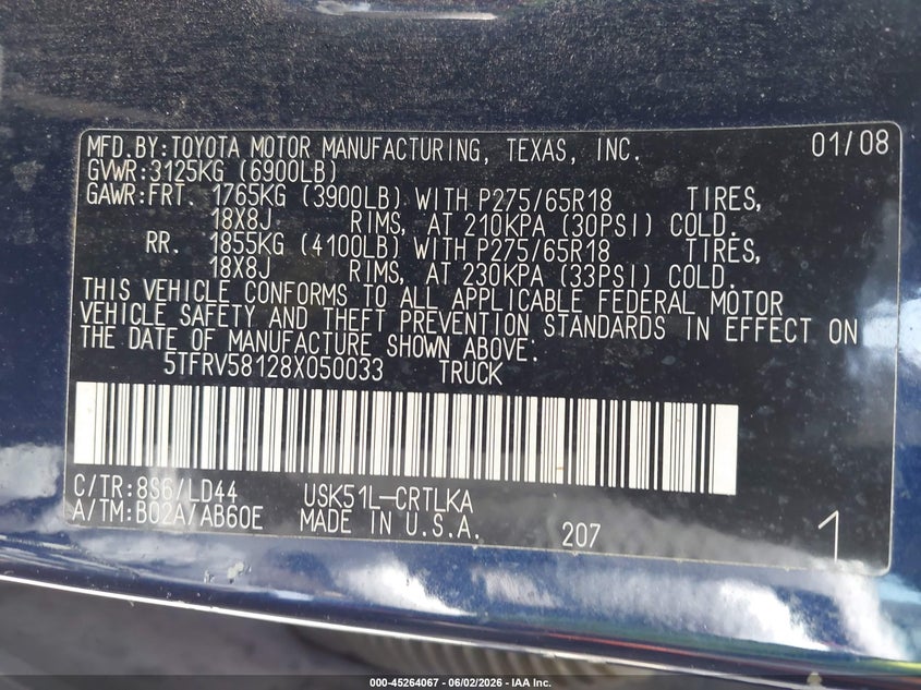 2008 Toyota Tundra VIN 5TFRV58128X050033 IAAI salvage auction — REAR END, Original (Texas), sold $4,650 on 2026-07-21 (photo 9)