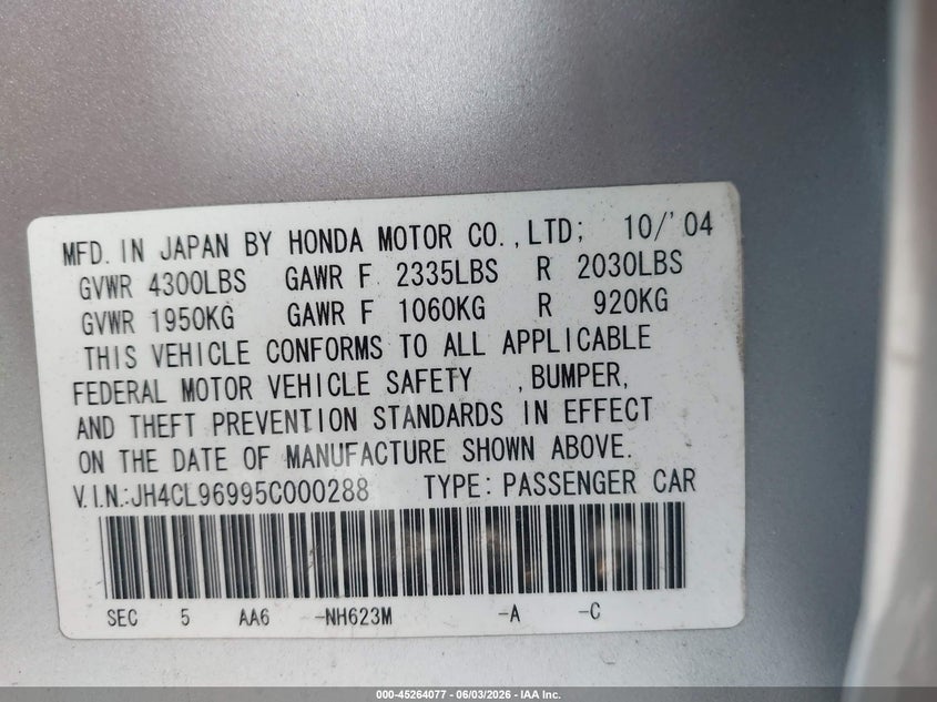 2005 Acura Tsx VIN JH4CL96995C000288 IAAI salvage auction — FRONT END, Salvage (Missouri), sold $675 on 2026-07-15 (photo 9)