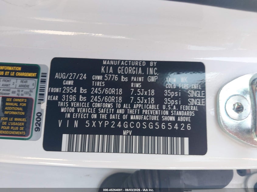 2025 Kia Telluride VIN 5XYP24GC0SG565426 IAAI salvage auction — LEFT FRONT, Salvage Title, sold $9,300 on 2026-07-29 (photo 9)