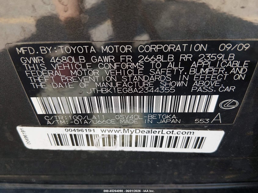 2010 Lexus Es 350 VIN JTHBK1EG8A2344355 IAAI salvage auction — LEFT FRONT, Salvage (Colorado), sold $1,200 on 2026-07-28 (photo 9)
