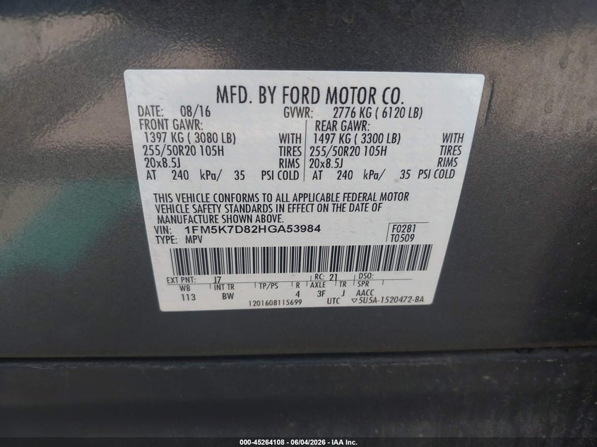 2017 Ford Explorer VIN 1FM5K7D82HGA53984 IAAI salvage auction — REAR END, Salvage (Missouri), sold $3,350 on 2026-07-20 (photo 9)