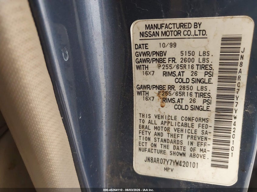 2000 Nissan Pathfinder VIN JN8AR07Y7YW420101 IAAI salvage auction — NORMAL WEAR, Rebuilt/Restored (Utah), sold $100 on 2026-07-13 (photo 9)