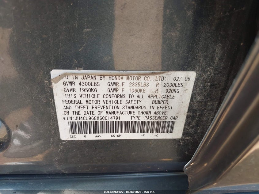 2006 Acura Tsx VIN JH4CL968X6C014791 IAAI salvage auction — LEFT FRONT, Salvage (Missouri), sold $450 on 2026-07-13 (photo 9)