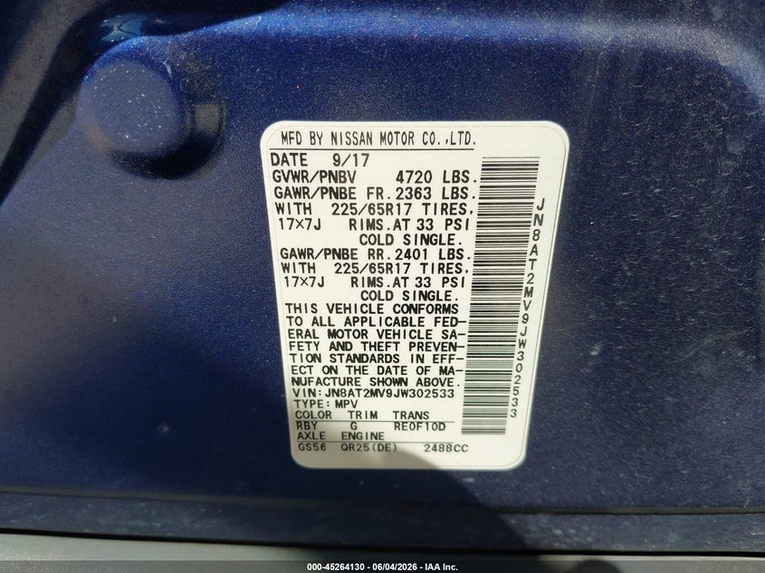2018 Nissan Rogue VIN JN8AT2MV9JW302533 IAAI salvage auction — RIGHT REAR, Salvage Title, sold $800 on 2026-07-29 (photo 9)
