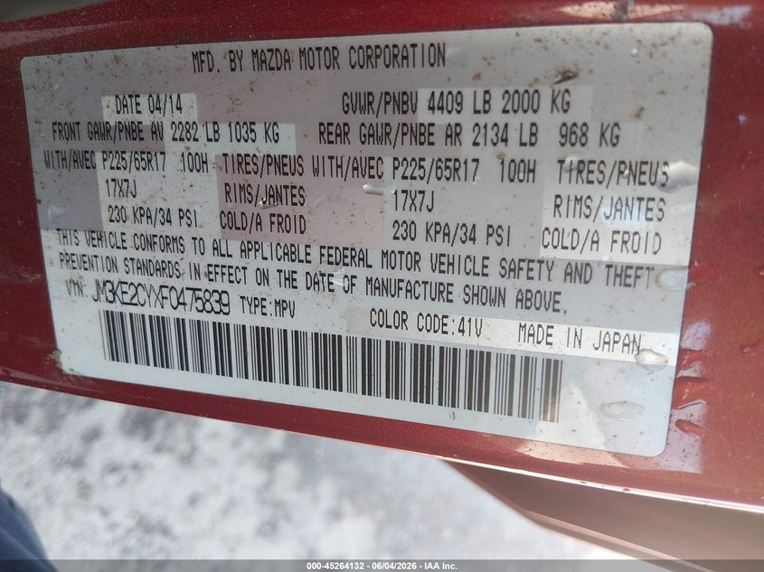2015 Mazda Cx-5 VIN JM3KE2CYXF0475839 IAAI salvage auction — SIDE, Salvage Title, sold $1,225 on 2026-07-18 (photo 9)