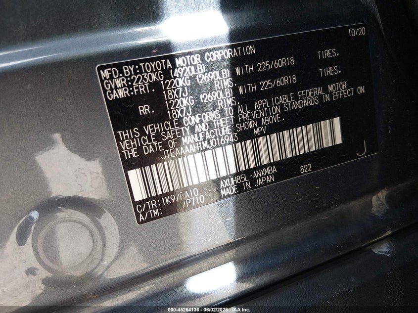 2021 Toyota Venza VIN JTEAAAAH1MJ016943 IAAI salvage auction — RIGHT REAR, Salvage (Nevada), sold $12,000 on 2026-08-27 (photo 9)