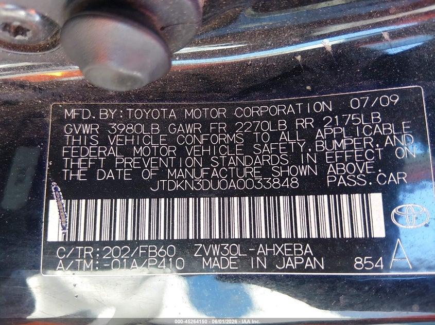 2010 Toyota Prius VIN JTDKN3DU0A0033848 IAAI salvage auction — NORMAL WEAR, Clear (Nevada), sold $850 on 2026-07-24 (photo 9)