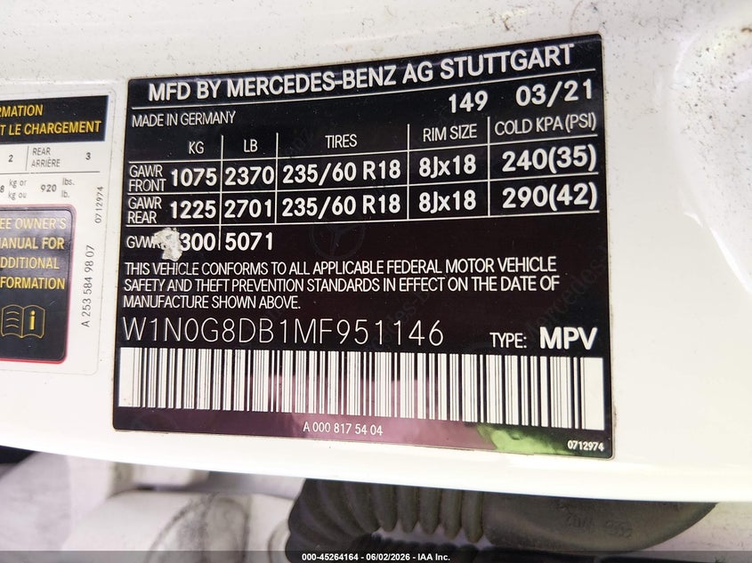 2021 Mercedes-benz Glc VIN W1N0G8DB1MF951146 IAAI salvage auction — LEFT FRONT, Certificate Of Destruction (Florida), sold $7,100 on 2026-07-30 (photo 9)